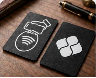 Cartões NFC pretos com a indicação de aproximar o celular