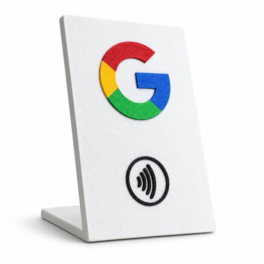 Placa NFC branca com o logo colorido do Google e o símbolo de aproximação