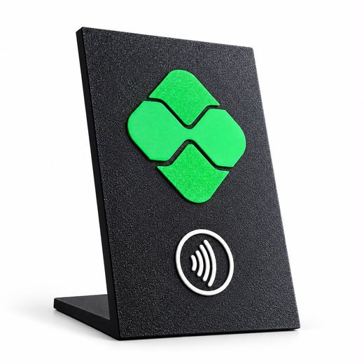 Placa NFC preta com o símbolo verde do Pix e o símbolo de aproximação